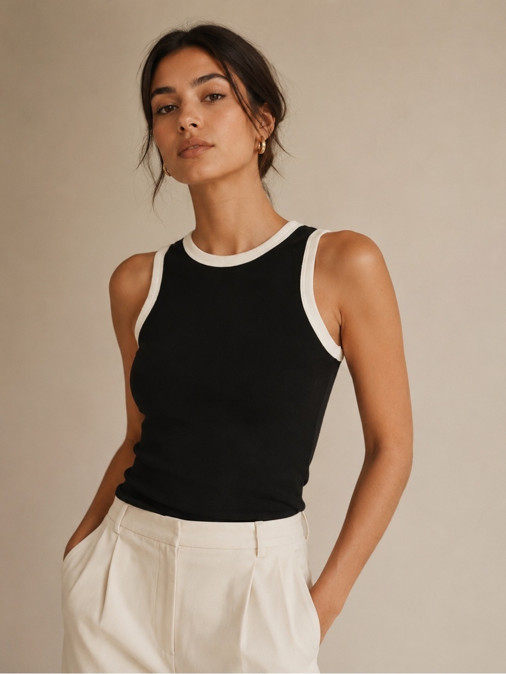 SNDYS XL Black & White Contrast Ribbed Tank Top | Quiet Luxury Minimalist Staple